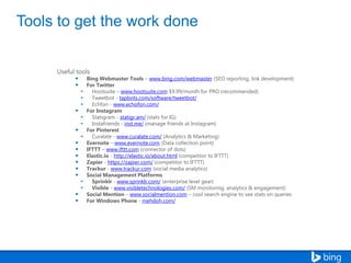 www.bing.com/webmaster
www.hootsuite.com
tapbots.com/software/tweetbot/
www.echofon.com/
statigr.am/
inst.me/
www.curalate.com/
www.evernote.com
www.ifttt.com
http://elastic.io/about.html
https://zapier.com/
www.trackur.com
www.sprinklr.com/
www.visibletechnologies.com/
www.socialmention.com
mehdoh.com/

 