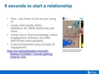 6 seconds to start a relationship

http://socialmediatoday.com/julieblakley/1516266/7-brands-gettingcreative-vine

 