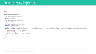 WRITING SOLID CODE IN PRACTICE
<?php 
 
class RandomGithubEmoji 
{
/** @var CacheInterface */ 
private $cache; 
 
/** @var FetcherInterface */ 
private $fetcher; 
 
/** @var SerializerInterface */ 
private $serializer; 
 
public function __construct(Cache Interface $cache , FetcherInterface $fetcher, SerializerInterface $serializer)
{ 
$this->cache = $cache; 
$this->fetcher = $fetcher; 
$this->serializer = $serializer; 
}
 
// ...
}
Dependency Injection
 