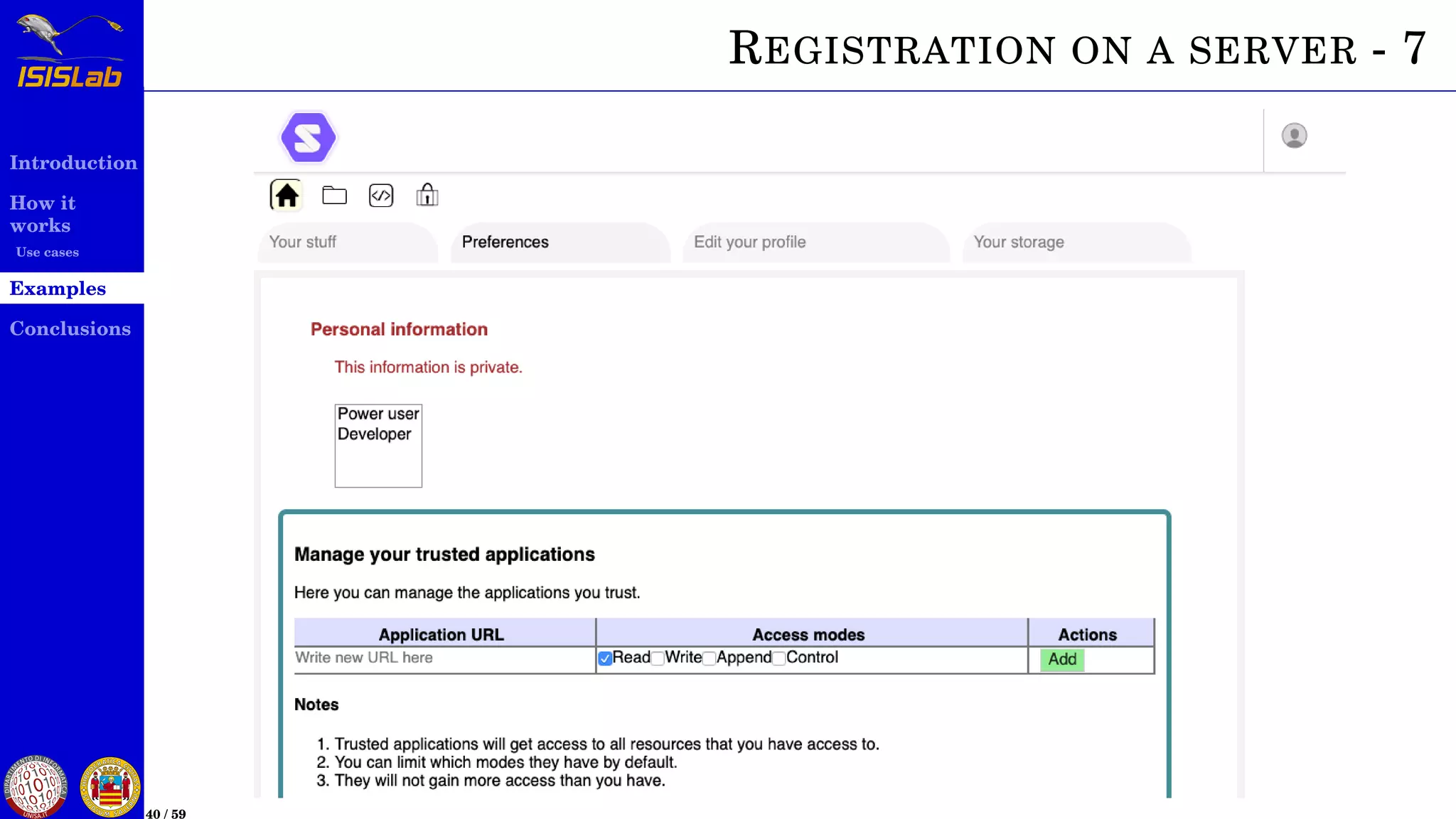 Introduction
How it
works
Use cases
Examples
Conclusions
40 / 59
REGISTRATION ON A SERVER - 7
 