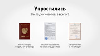 Упростились
Не 16 документов, а всего 3

Копия паспорта
генерального директора

Решение об избрании
генерального директора

Свидетельство
о регистрации

 