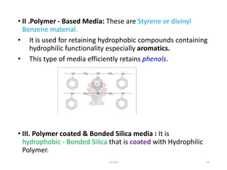 • II .Polymer - Based Media: These are Styrene or divinyl
Benzene material.
• It is used for retaining hydrophobic compounds containing
hydrophilic functionality especially aromatics.
• This type of media efficiently retains phenols.
• III. Polymer coated & Bonded Silica media : It is
hydrophobic - Bonded Silica that is coated with Hydrophilic
Polymer.
UCT,OU 19
 