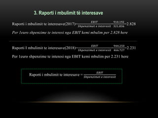 3. Raporti i mbulimit të interesave
Raporti i mbulimit te interesave(2017)=
𝐸𝐵𝐼𝑇
𝑆ℎ𝑝𝑒𝑛𝑧𝑖𝑚𝑒𝑡 𝑒 𝑖𝑛𝑡𝑒𝑟𝑒𝑠𝑖𝑡
=
910.192
321.836
=2.828
Per 1euro shpenzime te interesi nga EBIT kemi mbulim per 2.828 here
Raporti I mbulimit te interesave(2018)=
𝐸𝐵𝐼𝑇
𝑆ℎ𝑝𝑒𝑛𝑧𝑖𝑚𝑒𝑡 𝑒 𝑖𝑛𝑡𝑒𝑟𝑒𝑠𝑖𝑡
=
944.250
466.727
=2.231
Per 1euro shpenzime te interesi nga EBIT kemi mbulim per 2.231 here
Raporti i mbulimit te interesave =
𝐸𝐵𝐼𝑇
𝑆ℎ𝑝𝑒𝑛𝑧𝑖𝑚𝑒𝑡 𝑒 𝑖𝑛𝑡𝑒𝑟𝑒𝑠𝑖𝑡
 