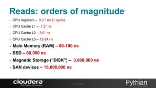 Reads: orders of magnitude
•

CPU registers – 0.3 * ns (1 cycle)

•

CPU Cache L1 – 1.2* ns

•

CPU Cache L2 – 3.0* ns

•

CPU Cache L3 – 12-24 ns

•

Main Memory (RAM) – 60-100 ns

•

SSD – 60,000 ns

•

Magnetic Storage (“DISK”) – 3,000,000 ns

•

SAN devices ~ 15,000,000 ns

12

© 2013 Pythian

 