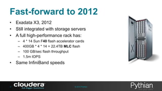 Fast-forward to 2012
• Exadata X3, 2012
• Still integrated with storage servers
• A full high-performance rack has:
–
–
–
–

4 * 14 Sun F40 flash accelerator cards
400GB * 4 * 14 = 22.4TB MLC flash
100 GB/sec flash throughput
1.5m IOPS

• Same InfiniBand speeds

31

© 2013 Pythian

 