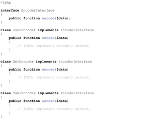 <?php
interface EncoderInterface
{
public function encode($data);
}
class JsonEncoder implements EncoderInterface
{
public function encode($data)
{
// TODO: Implement encode() method.
}
}
class XmlEncoder implements EncoderInterface
{
public function encode($data)
{
// TODO: Implement encode() method.
}
}
class YamlEncoder implements EncoderInterface
{
public function encode($data)
{
// TODO: Implement encode() method.
}
}
 