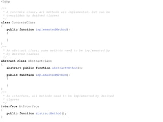 <?php
/**
* A concrete class, all methods are implemented, but can be
* overridden by derived classes
*/
class ConcreteClass
{
public function implementedMethod()
{
}
}
/**
* An abstract class, some methods need to be implemented by
* by derived classes
*/
abstract class AbstractClass
{
abstract public function abstractMethod();
public function implementedMethod()
{
}
}
/**
* An interface, all methods need to be implemented by derived
* classes
*/
interface AnInterface
{
public function abstractMethod();
}
 