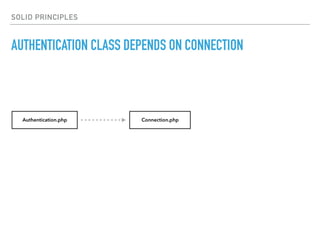 SOLID PRINCIPLES
AUTHENTICATION CLASS DEPENDS ON CONNECTION
Authentication.php Connection.php
 
