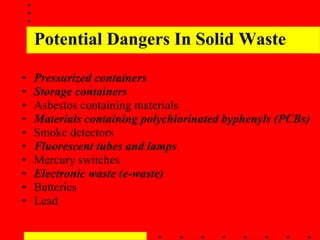Potential Dangers In Solid Waste Pressurized containers Storage containers Asbestos containing materials Materials containing polychlorinated byphenyls (PCBs)  Smoke detectors Fluorescent tubes and lamps Mercury switches Electronic waste (e-waste) Batteries Lead 