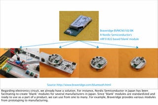 Source: http://www.braveridge.com/bluetooth.html
Braveridge BVMCN5102-BK
A Nordic Semiconductor’s
nRF51822 based‘blank’module
Regarding electronics circuit, we already have a solution. For instance, Nordic Semiconductor in Japan has been
facilitating to create ‘blank’ modules for several manufacturers in Japan. Since ‘blank’ modules are standardized and
ready to use as a part of a product, we can use from one to many. For example, Braveridge provides various modules
from prototyping to manufacturing.
 