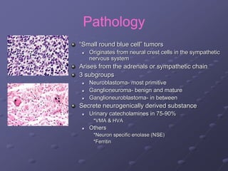Pathology
“Small round blue cell” tumors
 Originates from neural crest cells in the sympathetic
nervous system
Arises from the adrenals or sympathetic chain
3 subgroups
 Neuroblastoma- most primitive
 Ganglioneuroma- benign and mature
 Ganglioneuroblastoma- in between
Secrete neurogenically derived substance
 Urinary catecholamines in 75-90%
*VMA & HVA
 Others
*Neuron specific enolase (NSE)
*Ferritin
 