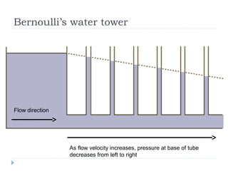Bernoulli’s water tower

Flow direction

As flow velocity increases, pressure at base of tube
decreases from left to right

 