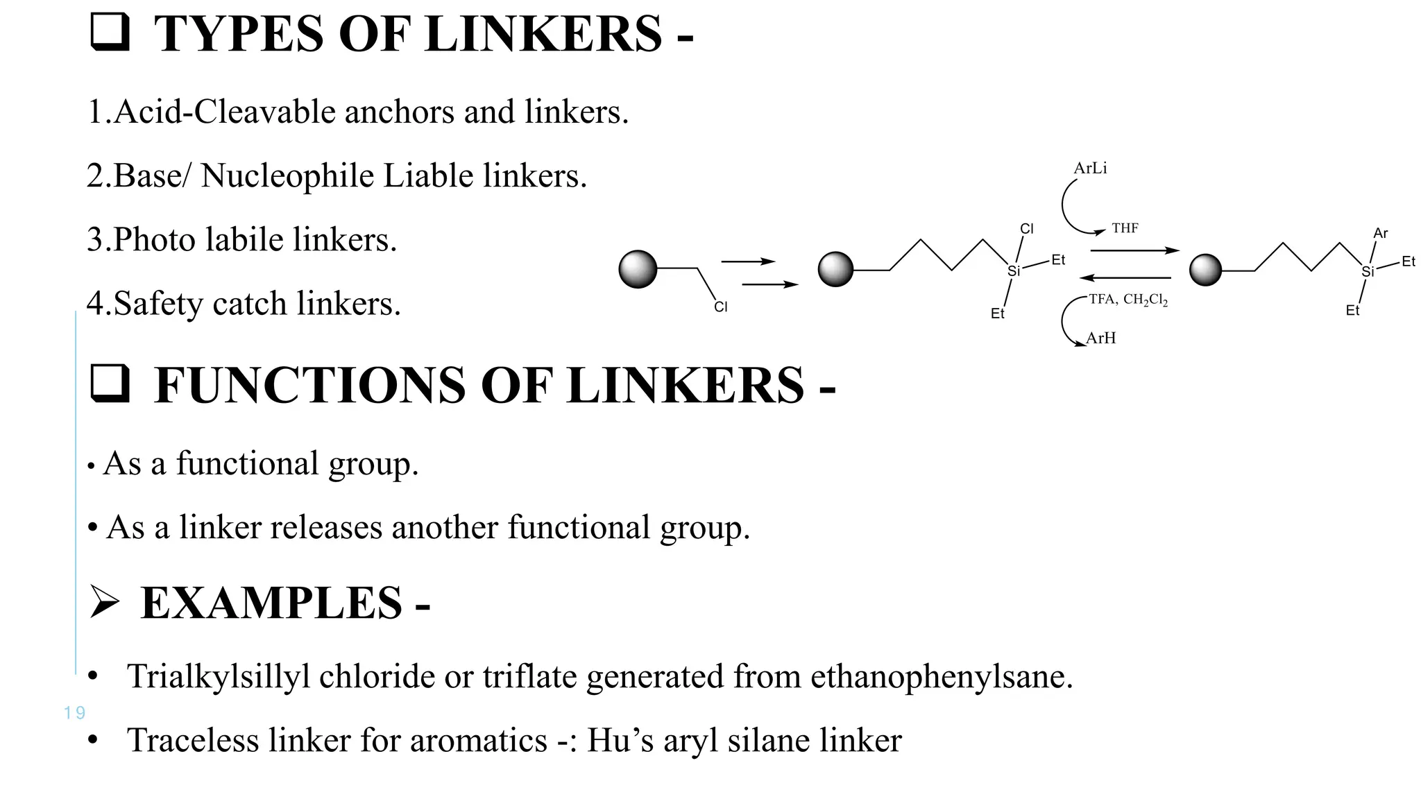 1 9
 TYPES OF LINKERS -
1.Acid-Cleavable anchors and linkers.
2.Base/ Nucleophile Liable linkers.
3.Photo labile linkers.
4.Safety catch linkers.
 FUNCTIONS OF LINKERS -
• As a functional group.
• As a linker releases another functional group.
 EXAMPLES -
• Trialkylsillyl chloride or triflate generated from ethanophenylsane.
• Traceless linker for aromatics -: Hu’s aryl silane linker
 