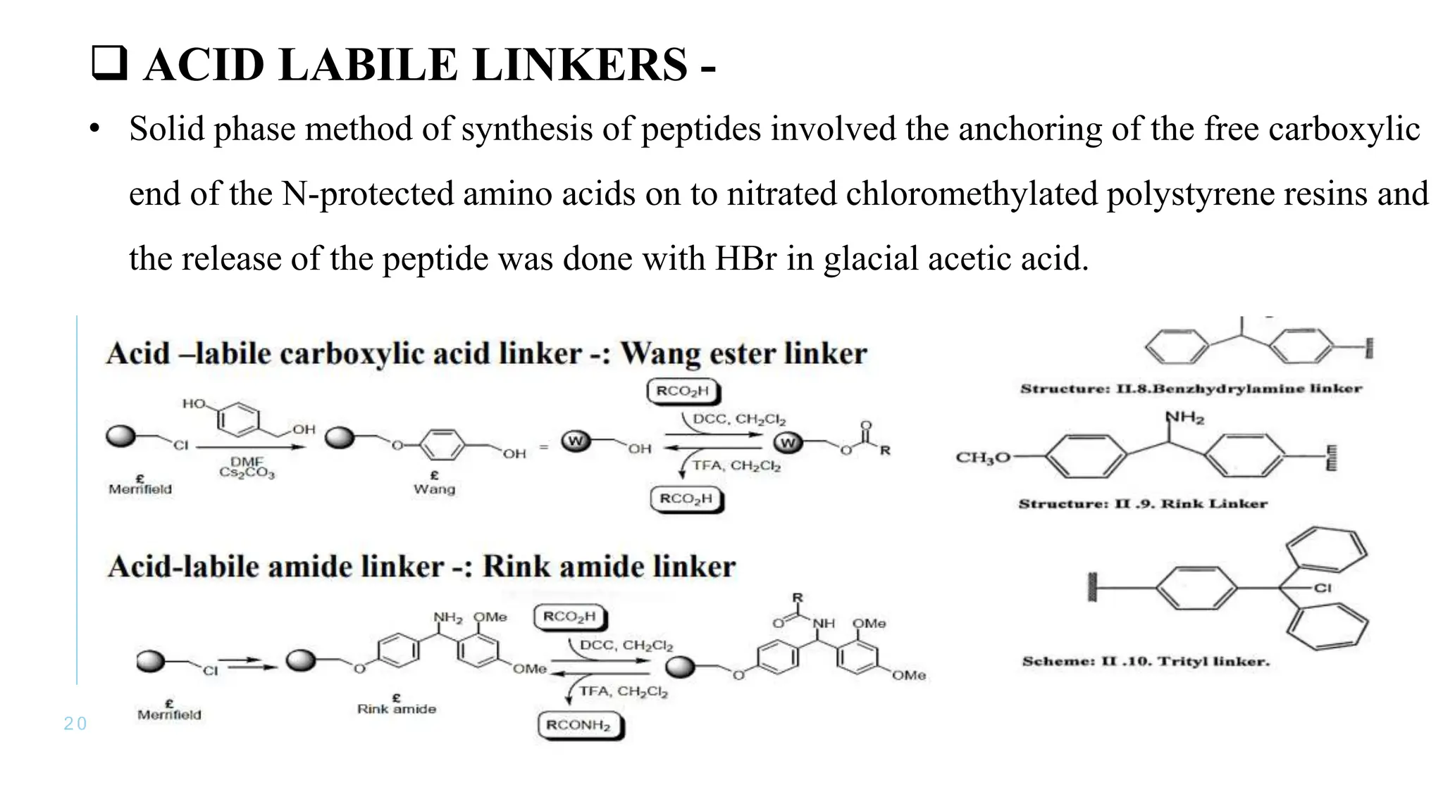 2 0
 ACID LABILE LINKERS -
• Solid phase method of synthesis of peptides involved the anchoring of the free carboxylic
end of the N-protected amino acids on to nitrated chloromethylated polystyrene resins and
the release of the peptide was done with HBr in glacial acetic acid.
 