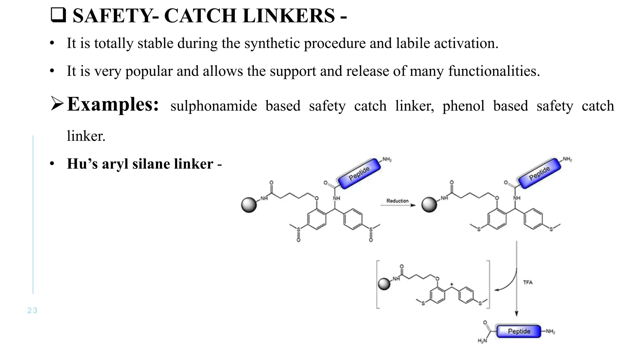 2 3
 SAFETY- CATCH LINKERS -
• It is totally stable during the synthetic procedure and labile activation.
• It is very popular and allows the support and release of many functionalities.
Examples: sulphonamide based safety catch linker, phenol based safety catch
linker.
• Hu’s aryl silane linker -
 