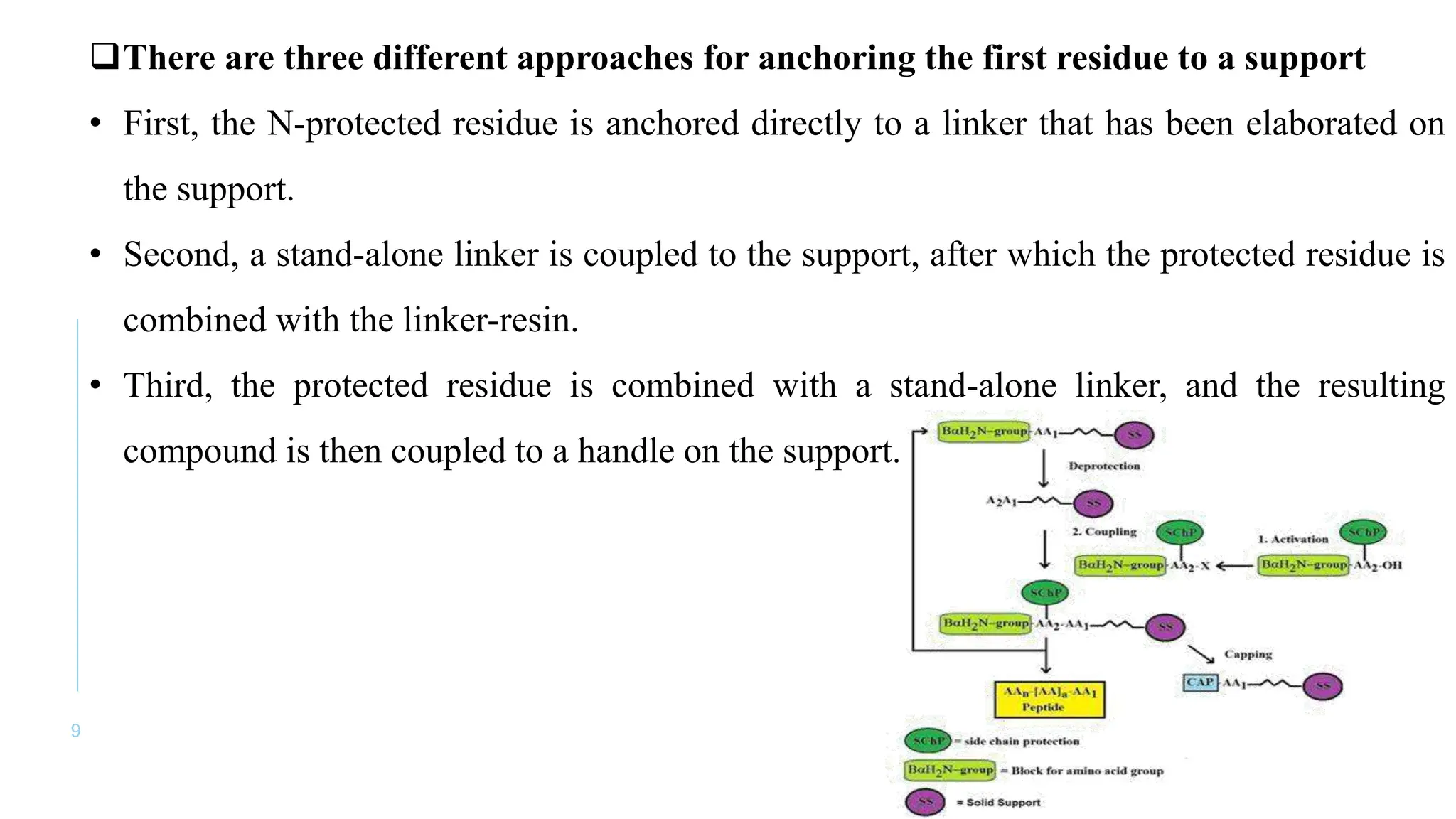 9
There are three different approaches for anchoring the first residue to a support
• First, the N-protected residue is anchored directly to a linker that has been elaborated on
the support.
• Second, a stand-alone linker is coupled to the support, after which the protected residue is
combined with the linker-resin.
• Third, the protected residue is combined with a stand-alone linker, and the resulting
compound is then coupled to a handle on the support.
 