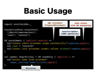 Basic Usage 
import scalikejdbc._! 
! 
ConnectionPool.singleton(! 
“jdbc:h2:mem:matsuri”, ! 
“user”, “secret”)! 
SQL statement! 
(PreparedStatement) 
! 
DB autoCommit { implicit session =>! 
Side effect ! 
with DB connection 
sql”create table attendee (name varchar(32))”.execute.apply()! 
val name = “seratch”! 
sql”insert into attendee (name) values ($name)”.update.apply()! 
}! 
! 
val names: Seq[String] = DB readOnly { implicit s =>! 
sql”select name from attendee”! 
.map(_.string(“name”)).list.apply()! 
} 
execute/update! 
(JDBC operation) 
Extractor 
 