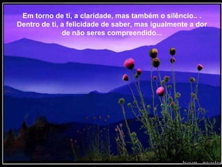 Em torno de ti, a claridade, mas também o silêncio.. .  Dentro de ti, a felicidade de saber, mas igualmente a dor de não seres compreendido... 