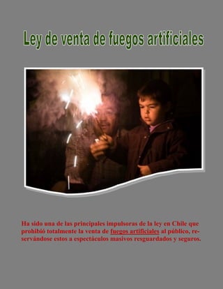 Ha sido una de las principales impulsoras de la ley en Chile que
prohibió totalmente la venta de fuegos artificiales al público, re-
servándose estos a espectáculos masivos resguardados y seguros.
 