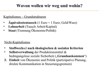 Wovon wollen wir weg und wohin? Kapitalismus – Grundstrukturen Äquivalententausch  (1 Euro = 1 Euro; Geld/Ware) Lohnarbeit  (Tausch Arbeit/Kapital) Staat  (Trennung Ökonomie/Politik) Nicht-Kapitalismus Stoffwech sel  nach ökologischen & sozialen Kriterien Selbstverwaltung  der Produktionsmittel &  bedingungslose soziale Sicherheit („ Grundauskommen “) 3.  Einheit  von Ökonomie und Politik (partizipative Planung, direkte Kommunikation in Steuerungsgremien) 