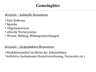Gemeingüter Beispiele  – kulturelle Ressourcen freie Software Sprache Allgemeinwissen ethische Wertesysteme Wissen, Bildung, Bildungseinrichtungen Beispiele  – (re)produktive Ressourcen Produktionsmittel im Besitz der ArbeiterInnen kollektive Institutionen (Sozialversicherung, Netzwerke etc.) 