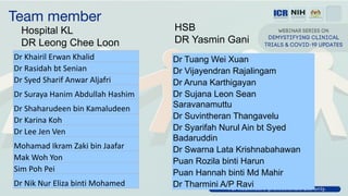 Team member
HSB
DR Yasmin Gani
Dr Tuang Wei Xuan
Dr Vijayendran Rajalingam
Dr Aruna Karthigayan
Dr Sujana Leon Sean
Saravanamuttu
Dr Suvintheran Thangavelu
Dr Syarifah Nurul Ain bt Syed
Badaruddin
Dr Swarna Lata Krishnabahawan
Puan Rozila binti Harun
Puan Hannah binti Md Mahir
Dr Tharmini A/P Ravi
Hospital KL
DR Leong Chee Loon
Dr Khairil Erwan Khalid
Dr Rasidah bt Senian
Dr Syed Sharif Anwar Aljafri
Dr Suraya Hanim Abdullah Hashim
Dr Shaharudeen bin Kamaludeen
Dr Karina Koh
Dr Lee Jen Ven
Mohamad Ikram Zaki bin Jaafar
Mak Woh Yon
Sim Poh Pei
Dr Nik Nur Eliza binti Mohamed
 
