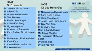 HTAF
Dr Dzawanie
Dr Janattul Ain bt Jamal
Lim Bee Chiu
Dr Noorlina Binti Nordin
Dr Tan Sin Nee
Dr Evelyn Aun Su-yin
Dr Chiew Ken Seng
Dr Ng Kwang How
Dr Roenita bt. Baharudin
Dr Fariz Safhan Bin Mohamad
Nor
Dr Muhammad Zihni Abdullah
Dr Kiren Kaur
Che Wan Mohd Hafidz bin
Che Wan Ahmad
HQE
Dr Lee Heng Gee
Dr Nagarajan a/l Nagalingam
Dr Fong Kean Khang
Dr Khoo Thien Meng
Dr Jason Kong Henn Leong
Dr Saw Yen Tsen
Dr Lim Ming Yao
Mdm Juhanah Gimbo
Ms Teong Win Zee
Ms Norhaziah Mohamad
Salleh
Dr Wong Yiko
Dr Tan Yee Ann
 