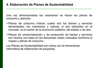 4. Elaboración de Planes de Sustentabilidad
________________________________________________________________

Una vez dimensionados los volúmenes se hacen los planes de
consumo y atención
• Planes de consumo indican cuales son los bienes y servicios
demandados, los volúmenes y valores, si son obtenidos en el
mercado, en el sector de la economía solidaria, del estado o de otro.
• Planes de comercialización y de producción de bienes y servicios
son hechos con base en las demandas reales indicadas conforme el
mapeo y planes de consumo.
Los Planes de Sustentabilidad son echos con la herramienta
informática de elaboración de proyectos.

 