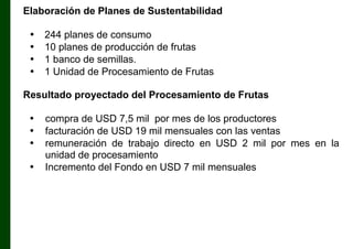Elaboración de Planes de Sustentabilidad
•
•
•
•

244 planes de consumo
10 planes de producción de frutas
1 banco de semillas.
1 Unidad de Procesamiento de Frutas

Resultado proyectado del Procesamiento de Frutas
•
•
•
•

compra de USD 7,5 mil por mes de los productores
facturación de USD 19 mil mensuales con las ventas
remuneración de trabajo directo en USD 2 mil por mes en la
unidad de procesamiento
Incremento del Fondo en USD 7 mil mensuales

 