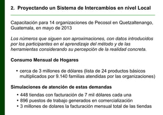2. Proyectando un Sistema de Intercambios en nivel Local
________________________________________________________________

Capacitación para 14 organizaciones de Pecosol en Quetzaltenango,
Guatemala, en mayo de 2013
Los números que siguen son aproximaciones, con datos introducidos
por los participantes en el aprendizaje del método y de las
herramientas considerando su percepción de la realidad concreta.
Consumo Mensual de Hogares
• cerca de 3 millones de dólares (lista de 24 productos básicos
multiplicados por 9.140 familias atendidas por las organizaciones)
Simulaciones de atención de estas demandas
• 448 tiendas con facturación de 7 mil dólares cada una
• 896 puestos de trabajo generados en comercialización
• 3 millones de dolares la facturación mensual total de las tiendas

 