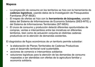 Mapeos
La proyección de consumo en los territorios se hizo con la herramienta de
cadenas logísticas, usando datos de la Investigación de Presupuestos
Familiares (POF-IBGE)
•
El mapeo de ofertas se hizo con la herramienta de búsquedas, usando
datos del Sistema de Informaciones de Economía Solidaria (SIES-MTE) y
del Sistema de Informaciones Territoriales (SIT-MDA)
• El cruce de consumo y producción detectó diferentes oportunidades de
compras, ventas e intercambios entre las iniciativas en diferentes
territorios, bien como de actuación conjunta en distintas cadenas
productivas en la atención de demandas existentes.
•

El diagnóstico de flujos económicos de un territorio permite subsidiar:
•
•
•

la elaboración de Planes Territoriales de Cadenas Productivas
para el desarrollo territorial rural sustentable.
acciones de comercio e intercambios solidarios
soluciones logísticas para la atención de las demandas de consumo
mapeadas a ser atendidas con ofertas de la agricultura familiar y
economía solidaria.

 
