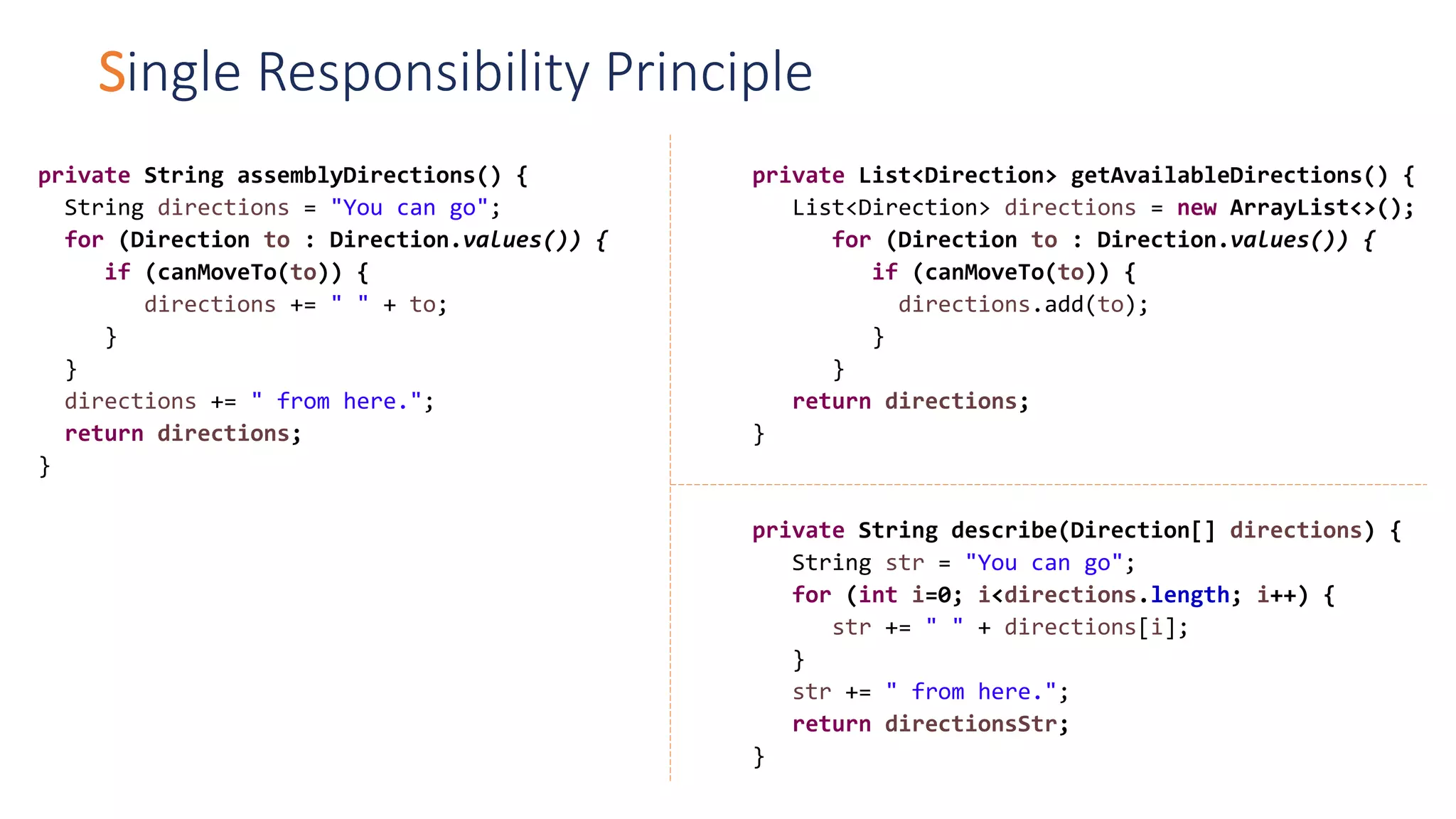 Single Responsibility Principle
private String assemblyDirections() {
String directions = "You can go";
for (Direction to : Direction.values()) {
if (canMoveTo(to)) {
directions += " " + to;
}
}
directions += " from here.";
return directions;
}
private List<Direction> getAvailableDirections() {
List<Direction> directions = new ArrayList<>();
for (Direction to : Direction.values()) {
if (canMoveTo(to)) {
directions.add(to);
}
}
return directions;
}
private String describe(Direction[] directions) {
String str = "You can go";
for (int i=0; i<directions.length; i++) {
str += " " + directions[i];
}
str += " from here.";
return directionsStr;
}
 