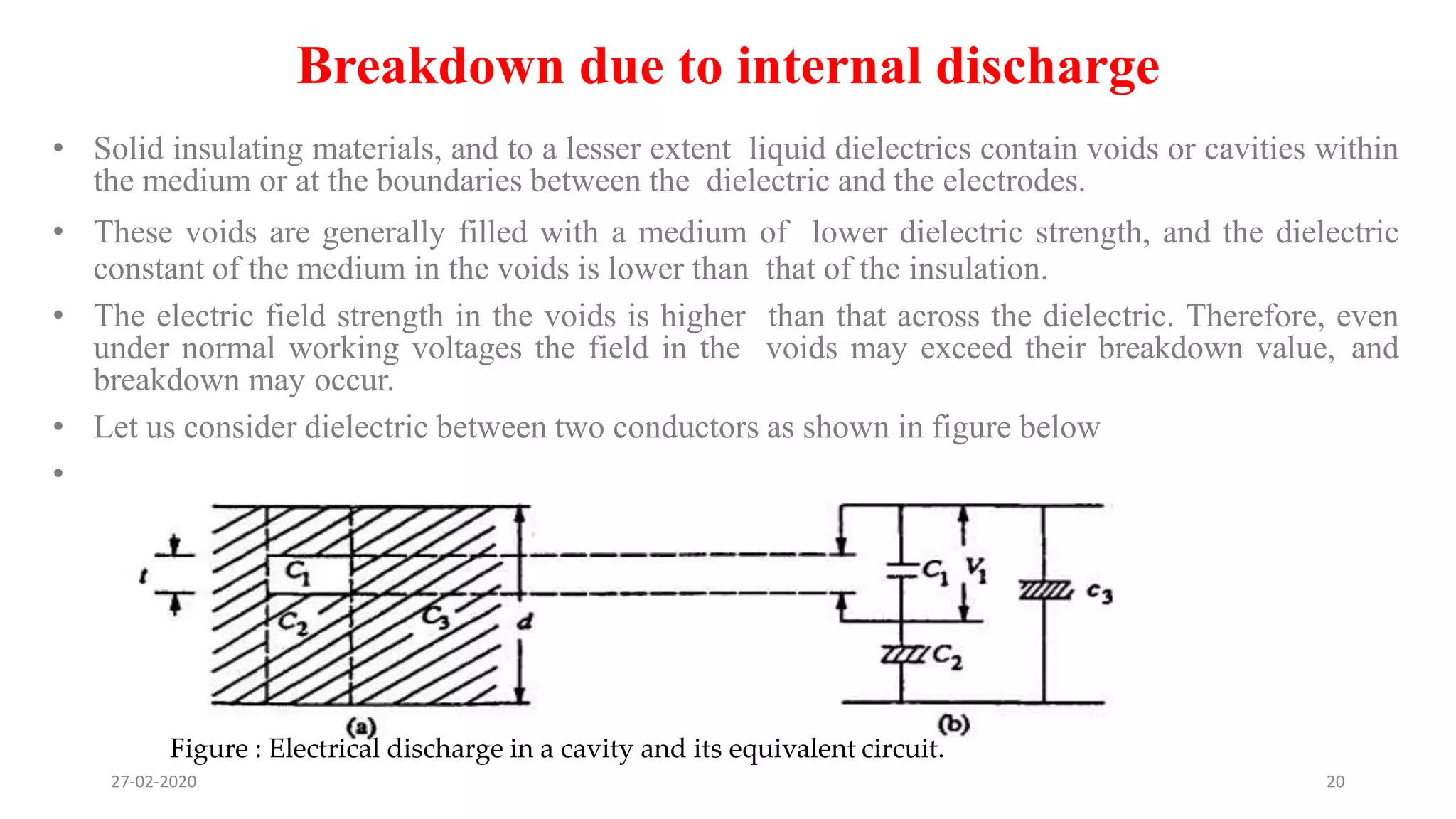 Breakdown due to internal discharge
• Solid insulating materials, and to a lesser extent liquid dielectrics contain voids or cavities within
the medium or at the boundaries between the dielectric and the electrodes.
• These voids are generally filled with a medium of lower dielectric strength, and the dielectric
constant of the medium in the voids is lower than that of the insulation.
• The electric field strength in the voids is higher than that across the dielectric. Therefore, even
under normal working voltages the field in the voids may exceed their breakdown value, and
breakdown may occur.
• Let us consider dielectric between two conductors as shown in figure below
•
Figure : Electrical discharge in a cavity and its equivalent circuit.
27-02-2020 20
 