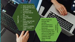  Static Graphic Post
 Small few-sec long
3D Video
 Facebook AD
 YouTube Interval
AD
 GIF Post
 Content Based
Post
 Every post will add
website URL in
content
 Prepare a website
usage method
video
Digital
Posts
 Reach Audience
through Mail
sending
Brochure(Product
Information based
Brochure)
 Reach Architectural
Firms/Civil Eng. Firm
with a 2-3 Page long
brochure through E-
mail/their page
 Reach through
Radio
Reach
individual
Audience
 