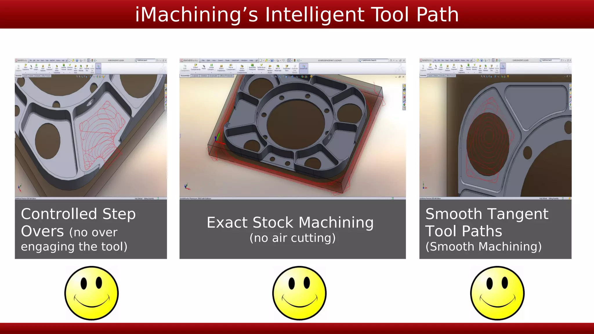 iMachining’s Intelligent Tool Path




Controlled Step                                     Smooth Tangent
                            Exact Stock Machining
Overs (no over                   (no air cutting)   Tool Paths
engaging the tool)                                  (Smooth Machining)
 