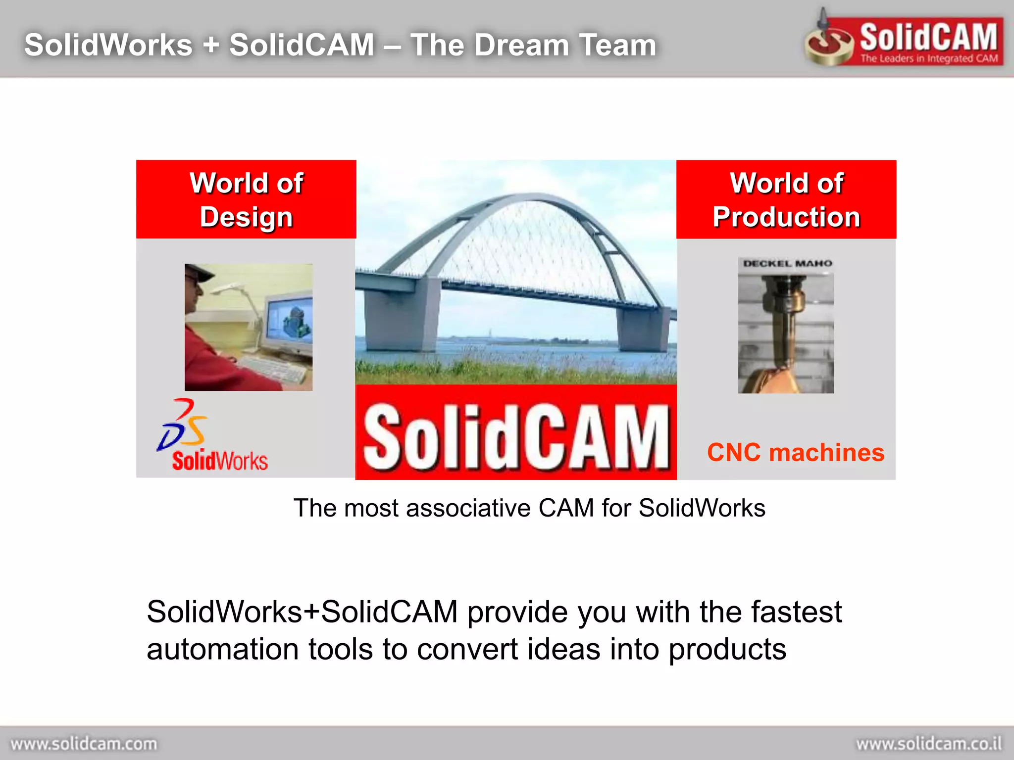 SolidWorks + SolidCAM – The Dream Team



         World of                                   World of
         Design                                    Production




                                                   CNC machines

                 The most associative CAM for SolidWorks



       SolidWorks+SolidCAM provide you with the fastest
       automation tools to convert ideas into products
 