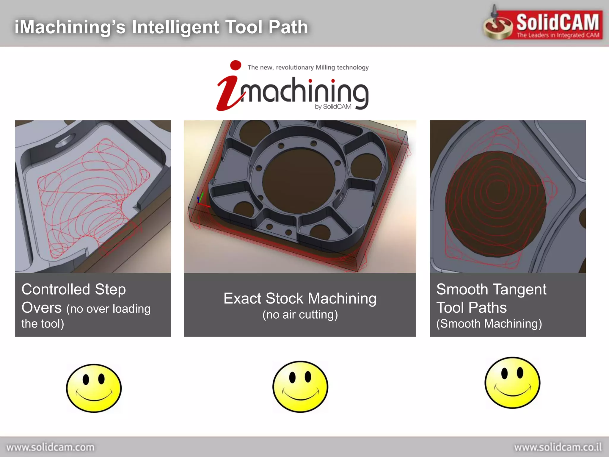 iMachining’s Intelligent Tool Path




Controlled Step                                  Smooth Tangent
                         Exact Stock Machining
Overs (no over loading        (no air cutting)   Tool Paths
the tool)                                        (Smooth Machining)
 