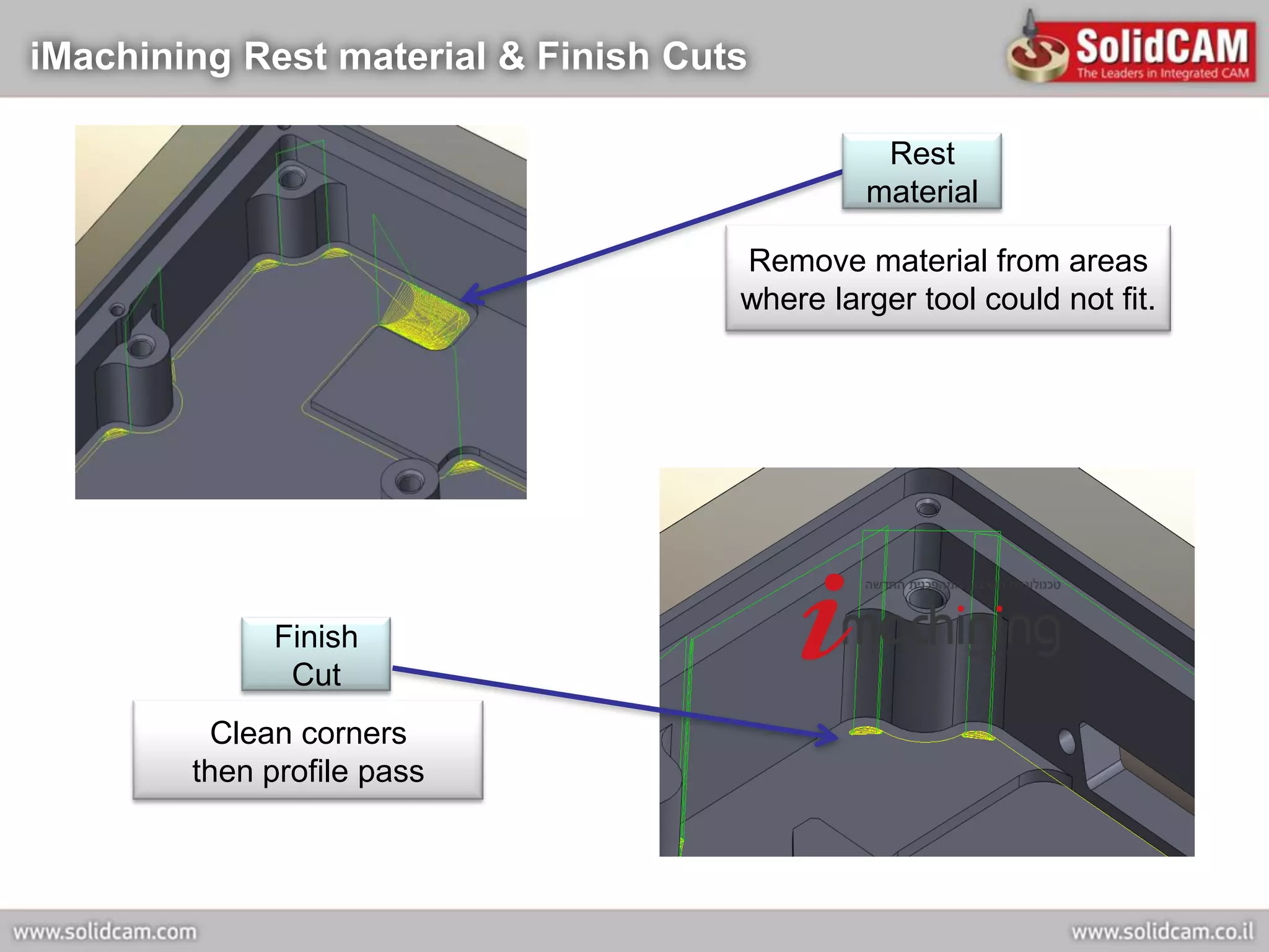iMachining Rest material & Finish Cuts

                                               Rest
                                              material

                                     Remove material from areas
                                     where larger tool could not fit.




             Finish
              Cut
          Clean corners
        then profile pass
 