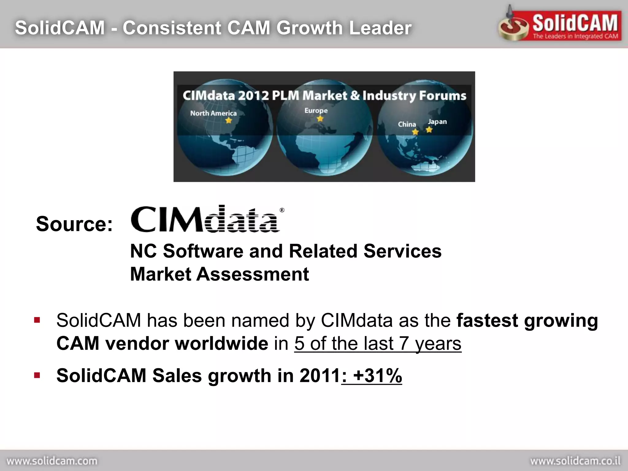 SolidCAM - Consistent CAM Growth Leader




  Source:
            NC Software and Related Services
            Market Assessment

  SolidCAM has been named by CIMdata as the fastest growing
   CAM vendor worldwide in 5 of the last 7 years
  SolidCAM Sales growth in 2011: +31%
 