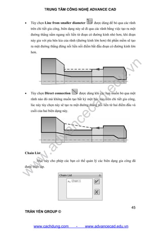 TRUNG TÂM CÔNG NGHỆ ADVANCE CAD
45
TRẦN YẾN GROUP ©
 Tùy chọn Line from smaller diameter được dùng để bỏ qua các rãnh
trên chi tiết gia công, biên dạng này sẽ đi qua các rãnh bằng việc tạo ra một
đường thẳng nằm ngang nối liền từ đoạn có đường kính nhỏ hơn, khi đoạn
này gia với pía bên kia của rãnh (đường kính lớn hơn) thì phần mềm sẽ tạo
ra một đường thẳng đừng nối liền nối điểm bắt đầu đoạn có đường kính lớn
hơn.
 Tùy chọn Direct connection được dùng khi các bạn muốn bỏ qua một
rãnh nào đó mà không muốn tạo bất kỳ một bậc nào trên chi tiết gia công,
lúc này tùy chọn này sẽ tạo ra một đường thẳng nối liền từ hai điểm đầu và
cuối của hai biên dạng này.
Chain List
Mục này cho phép các bạn có thể quản lý các biên dạng gia công đã
được thiết lập.
w
w
w
.advancecad.edu.vn
www.cachdung.com - www.advancecad.edu.vn
 