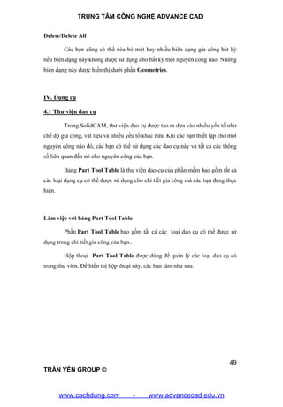 TRUNG TÂM CÔNG NGHỆ ADVANCE CAD
49
TRẦN YẾN GROUP ©
Delete/Delete All
Các bạn cũng có thể xóa bỏ một hay nhiều biên dạng gia công bất kỳ
nếu biên dạng này không được sử dụng cho bất kỷ một nguyên công nào. Những
biên dạng này được hiển thị dưới phần Geometries.
IV. Dụng cụ
4.1 Thư viện dao cụ
Trong SolidCAM, thư viện dao cụ được tạo ra dựa vào nhiều yếu tố như
chế độ gia công, vật liệu và nhiều yếu tố khác nữa. Khi các bạn thiết lập cho một
nguyên công nào đó, các bạn có thể sử dụng các dao cụ này và tất cả các thông
số liên quan đến nó cho nguyên công của bạn.
Bảng Part Tool Table là thư viện dao cụ của phần mềm bao gồm tất cả
các loại dụng cụ có thể được sử dụng cho chi tiết gia công mà các bạn đang thực
hiện.
Làm việc với bảng Part Tool Table
Phần Part Tool Table bao gồm tất cả các loại dao cụ có thể được sử
dụng trong chi tiết gia công của bạn..
Hộp thoại Part Tool Table được dùng để quản lý các loại dao cụ có
trong thư viện. Để hiển thị hộp thoại này, các bạn làm như sau:
www.cachdung.com - www.advancecad.edu.vn
 
