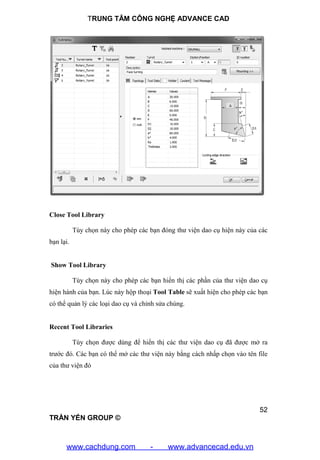 TRUNG TÂM CÔNG NGHỆ ADVANCE CAD
52
TRẦN YẾN GROUP ©
Close Tool Library
Tùy chọn này cho phép các bạn đóng thư viện dao cụ hiện này của các
bạn lại.
Show Tool Library
Tùy chọn này cho phép các bạn hiển thị các phần của thư viện dao cụ
hiện hành của bạn. Lúc này hộp thoại Tool Table sẽ xuất hiện cho phép các bạn
có thể quản lý các loại dao cụ và chỉnh sửa chúng.
Recent Tool Libraries
Tùy chọn được dùng để hiển thị các thư viện dao cụ đã được mở ra
trước đó. Các bạn có thể mở các thư viện này bằng cách nhấp chọn vào tên file
của thư viện đó
www.cachdung.com - www.advancecad.edu.vn
 