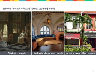 15
Understand unspoken needs Start with people, in context
Homes are more than houses
Lessons from Architecture School: Learning to See
Understand unspoken needsStart with people
 