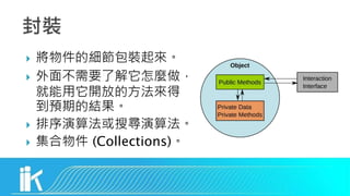  將物件的細節包裝起來。
 外面不需要了解它怎麼做，
就能用它開放的方法來得
到預期的結果。
 排序演算法或搜尋演算法。
 集合物件 (Collections)。
 
