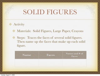 SOLID FIGURES
                      Activity
                           Materials: Solid Figures, Large Paper, Crayons
                           Steps: Traces the faces of several solid ﬁgures.
                           Then name up the faces that make up each solid
                           ﬁgure.

                                                             Names and # of
                              Name             Faces            Faces




Tuesday, August 11, 2009
 