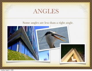 ANGLES
                           Some angles are less than a right angle.




Tuesday, August 11, 2009
 