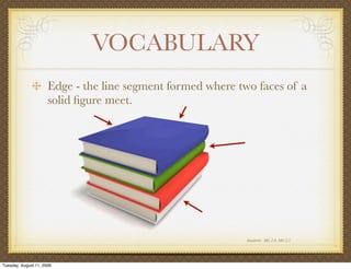 VOCABULARY
                      Edge - the line segment formed where two faces of a
                      solid ﬁgure meet.




                                                             Standards: MG 2.0, MG 2.5




Tuesday, August 11, 2009
 