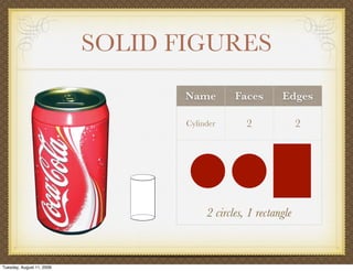 SOLID FIGURES
                                  Name        Faces       Edges

                                  Cylinder       2              2




                                       2 circles, 1 rectangle



Tuesday, August 11, 2009
 