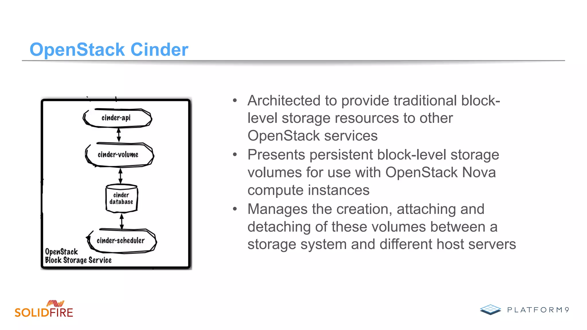 OpenStack Cinder
•  Architected to provide traditional block-
level storage resources to other
OpenStack services
•  Presents persistent block-level storage
volumes for use with OpenStack Nova
compute instances
•  Manages the creation, attaching and
detaching of these volumes between a
storage system and different host servers
 