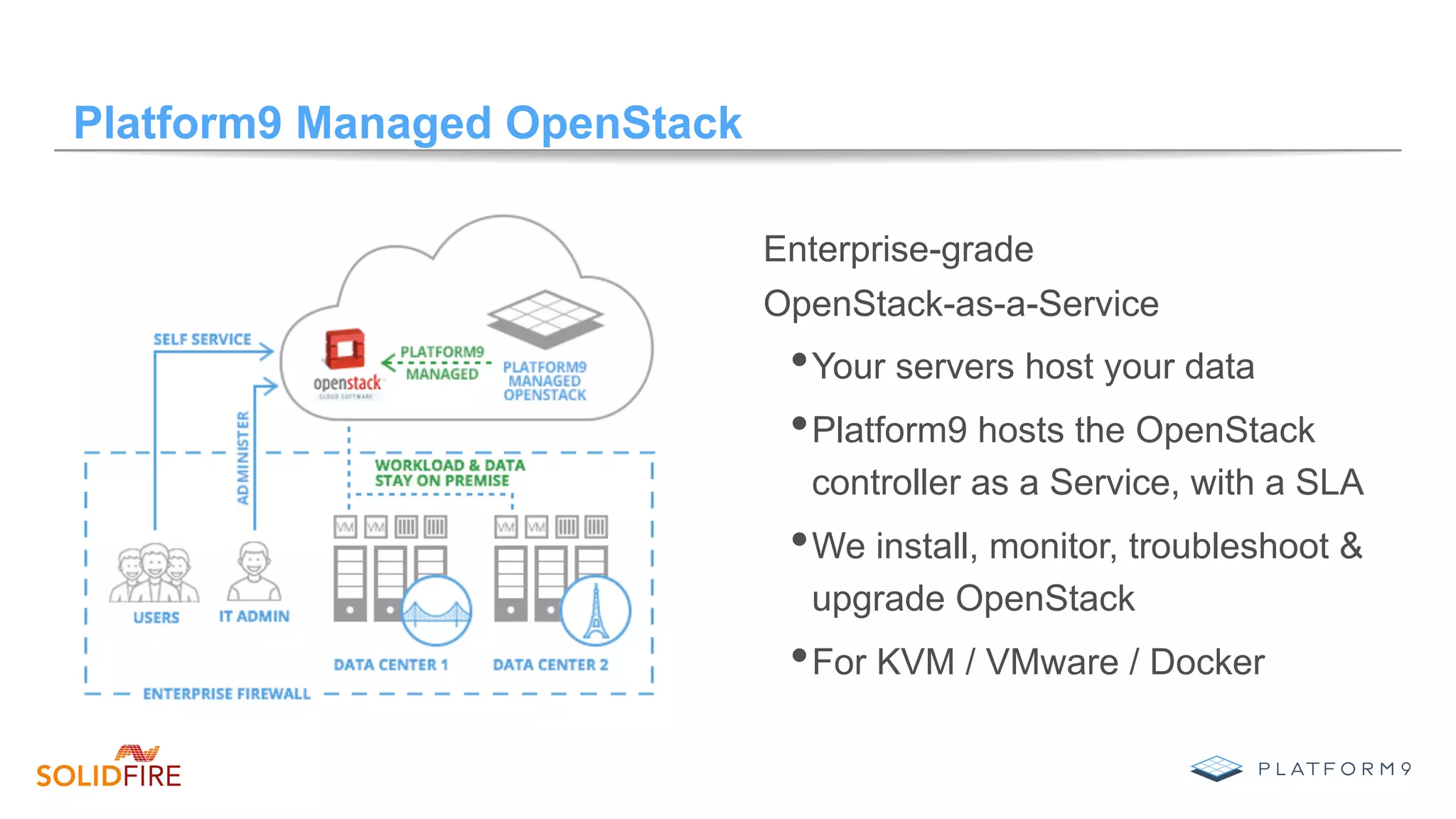 Platform9 Managed OpenStack
Enterprise-grade
OpenStack-as-a-Service
• Your servers host your data
• Platform9 hosts the OpenStack
controller as a Service, with a SLA
• We install, monitor, troubleshoot &
upgrade OpenStack
• For KVM / VMware / Docker
 